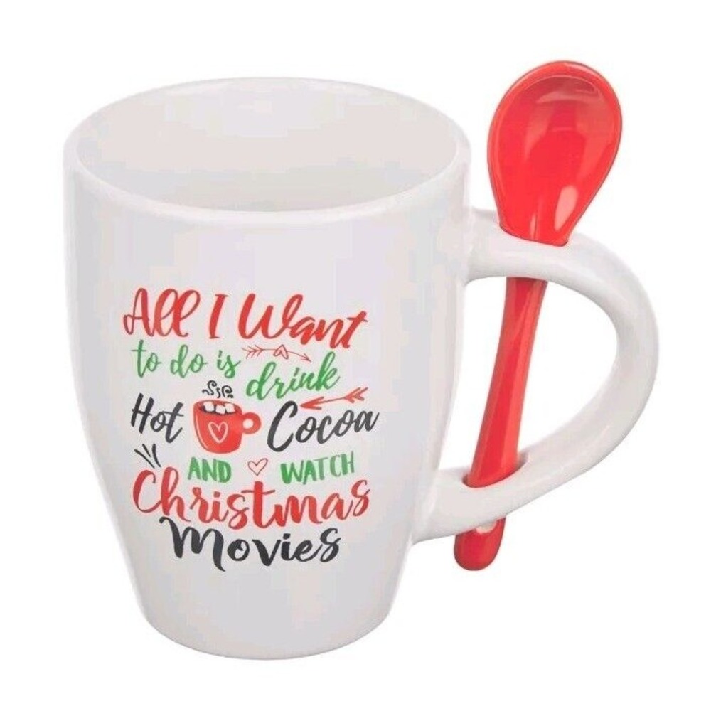 Christmas Hot Cocoa Coffee Mug w/ Ceramic Red Spoon 11 oz White Christmas Movies